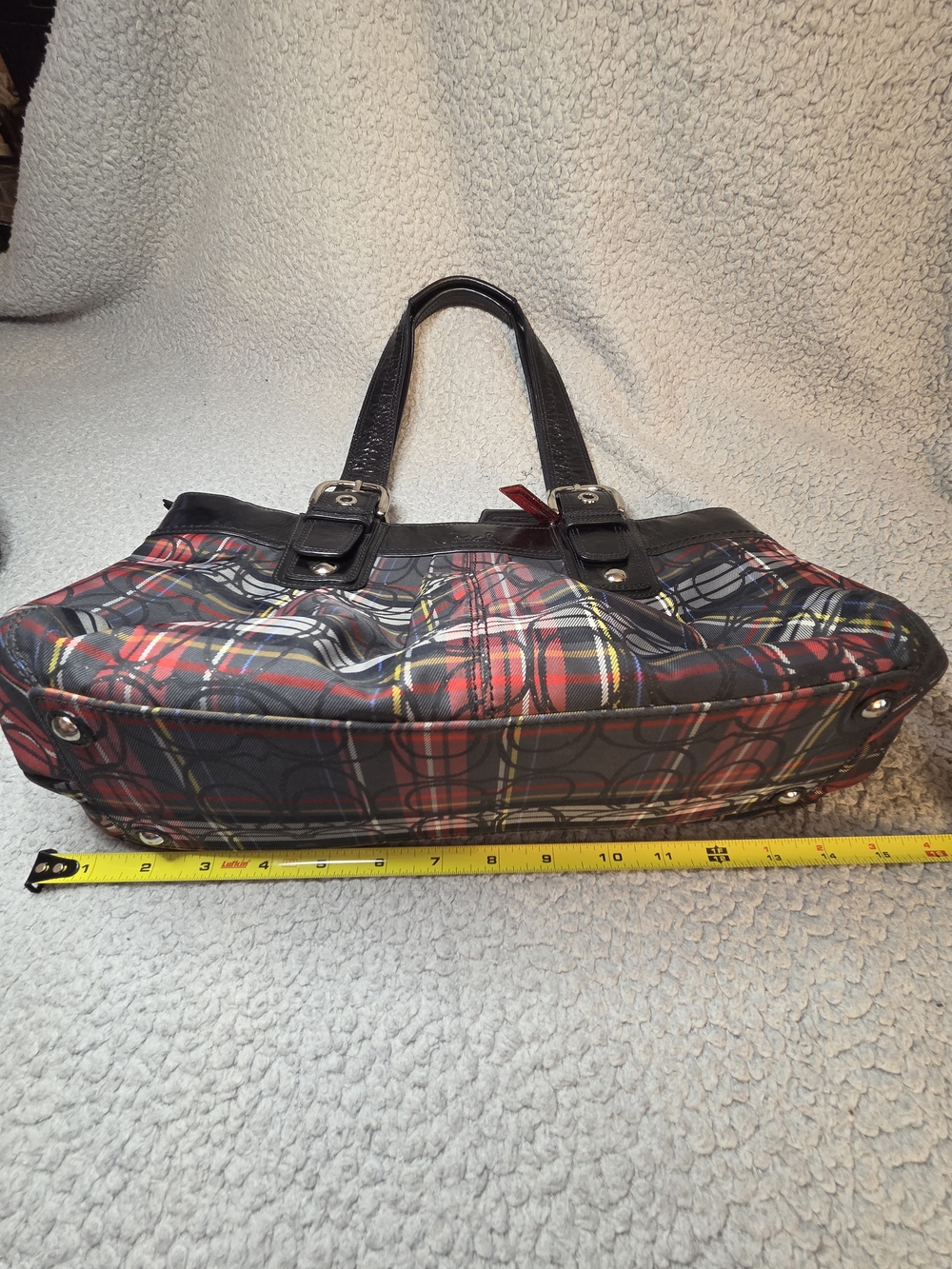 Coach Plaid Shoulder Bag with Black Trim and Red Accent - Picture 8 of 11